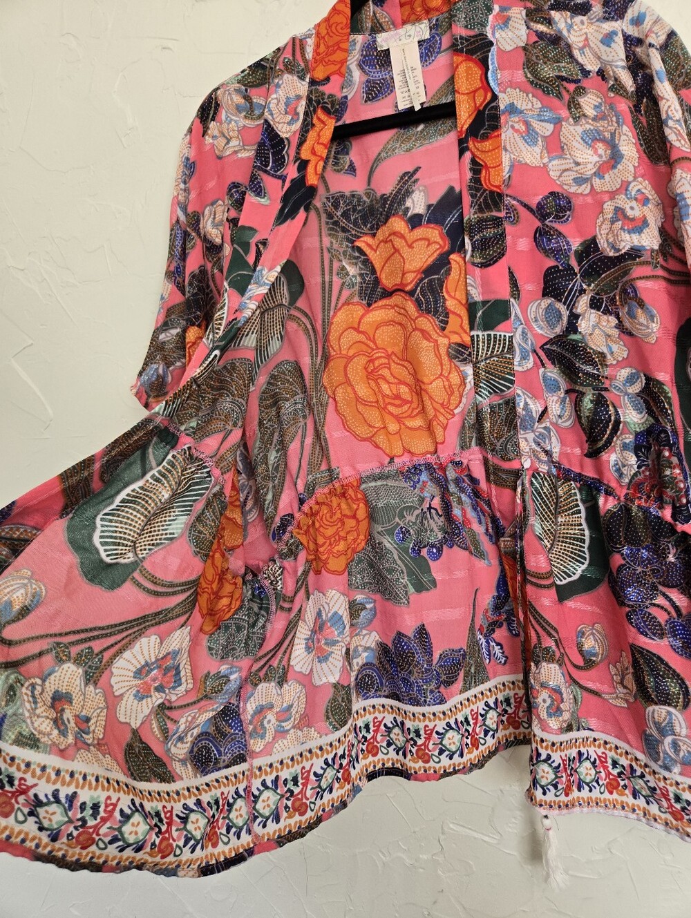 Free People Metallic Stripe Floral Drawstring Waist Pink Orange Kimono Top, OS - Picture 5 of 11